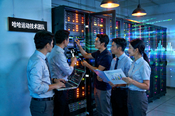 哈哈运动技术团队在数据中心工作 - 展示团队协作与高科技设备